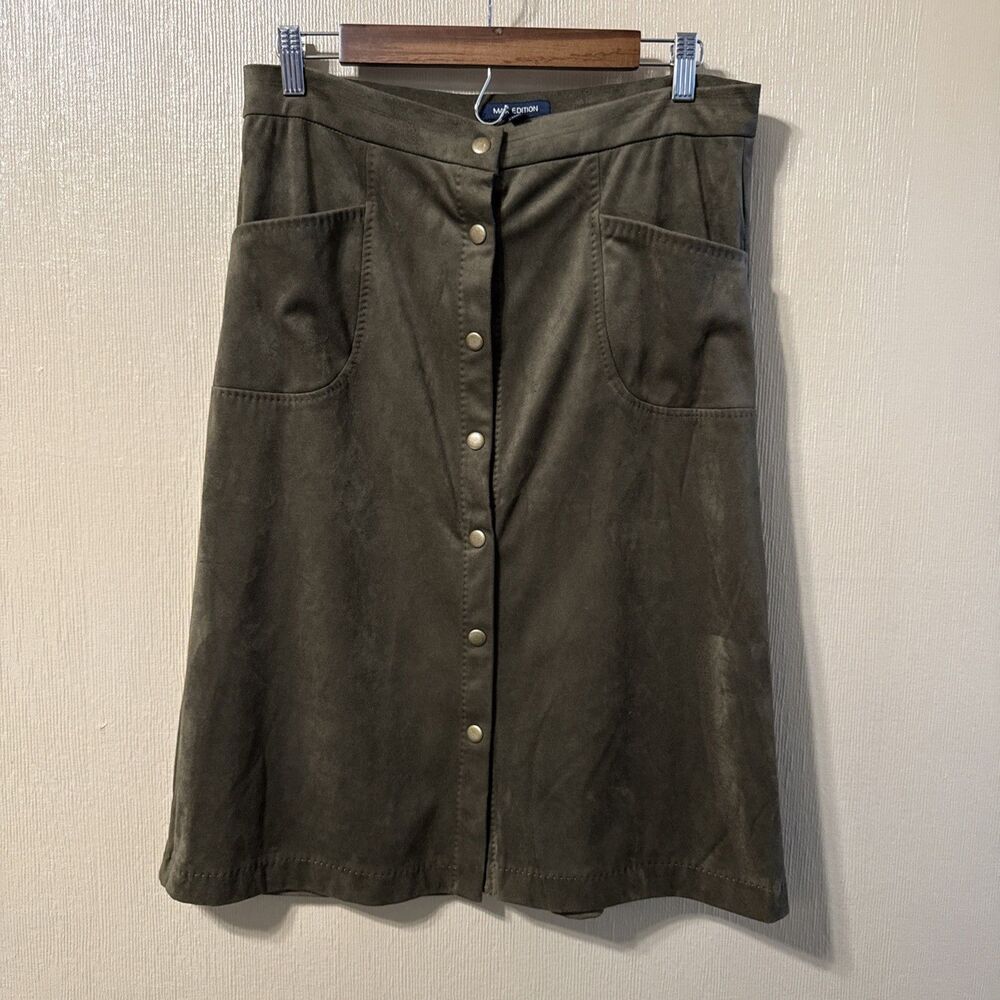 MAX Edition Moss Green Faux Suede Snap Button MidiSkirt SZ M hobo retro 70 style